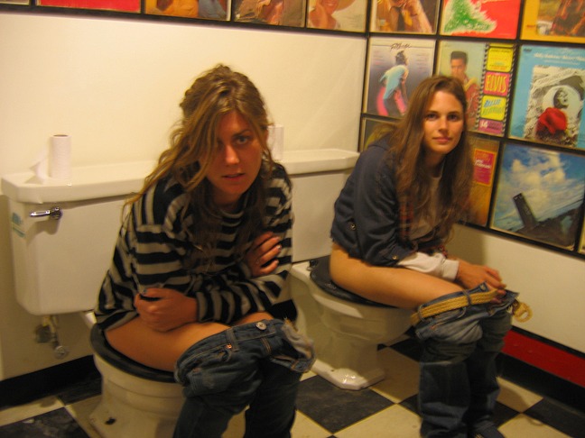 Friends Lily and me in the bathroom at The Spud