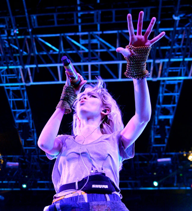 INDIO, CA - APRIL 23:  Singer Grimes performs onstage wearing Rebecca Schiffman Jewelry during day 2 of the 2016 Coachella Valley Music & Arts Festival Weekend 2 at the Empire Polo Club on April 23, 2016 in Indio, California.  (Photo by Matt Cowan/Getty Images for Coachella)